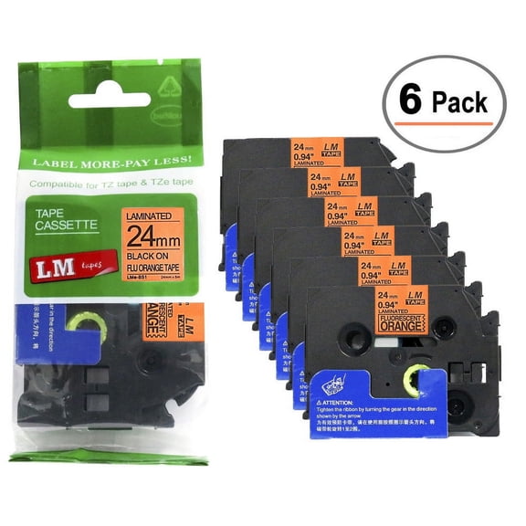 6/Pack LM Tapes - Premium 1" Black Print on Bright Orange Label (24mm 0.94 Laminated) Compatible with TZe-B51 P-touch Tape and comes with a great Tape Color/Size Guide for easy reordering.