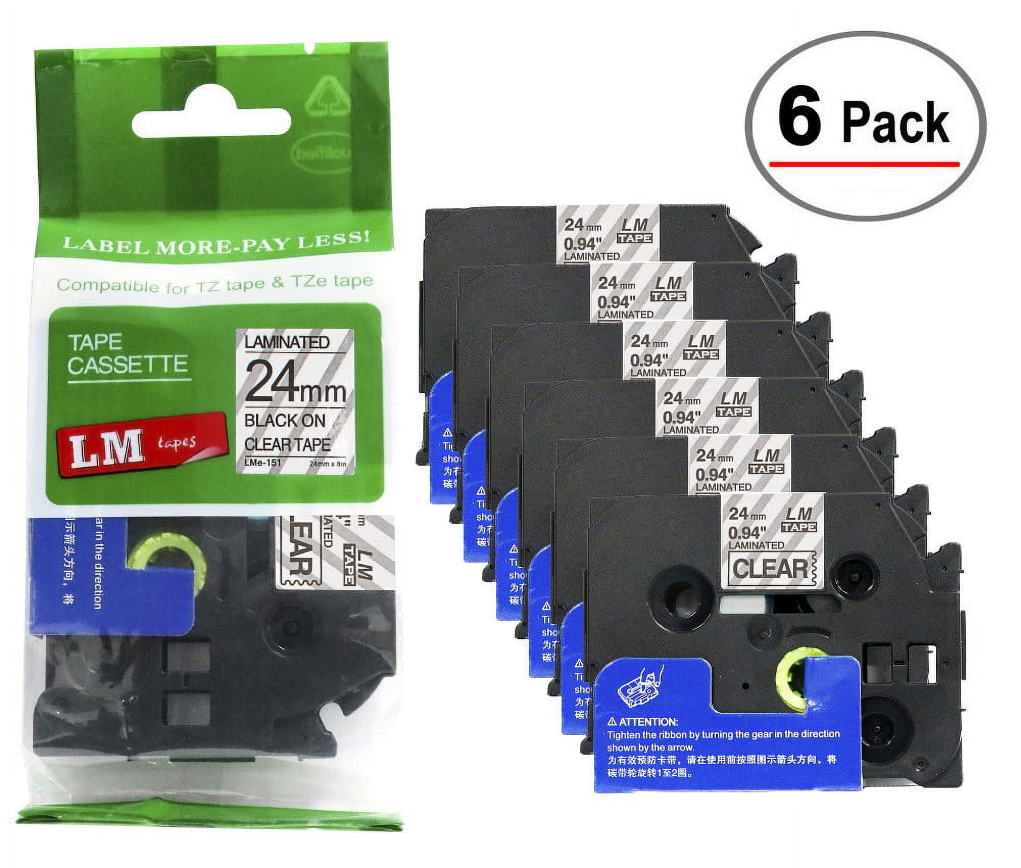 6/Pack LM Tapes Premium 1" Black Print on Clear Label (24mm 0.94