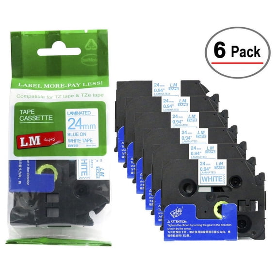 6/Pack LM Tapes - Premium 1" Blue Print on White Label (24mm 0.94 Laminated) Compatible with TZe-253 P-touch Tape and comes with a great Tape Color/Size Guide for easy reordering.