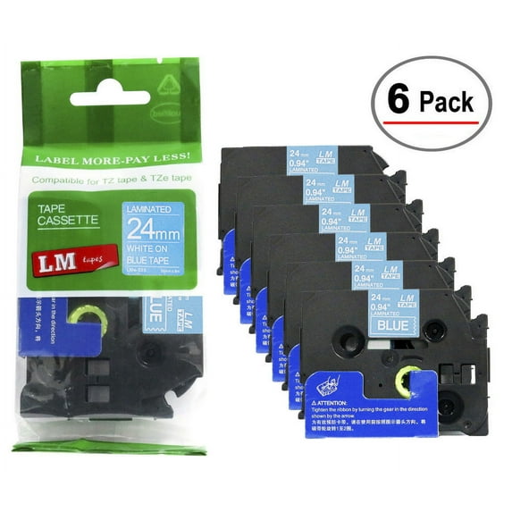 6/Pack LM Tapes - Premium 1" White Print on Blue Label (24mm 0.94 Laminated) Compatible with TZe-555 P-touch Tape and comes with a great Tape Color/Size Guide for easy reordering.