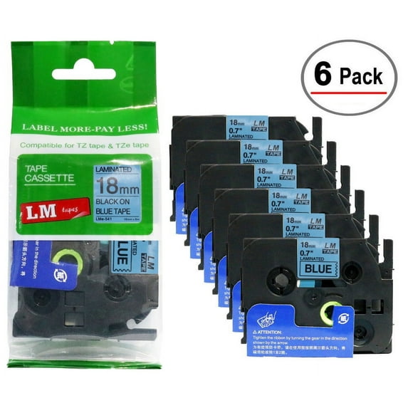 6/Pack LM Tapes - Premium 3/4" Black Print on Blue Label Compatible with TZe-541 P-touch Tape and comes with a great Tape Color/Size Guide for easy reordering. 18mm 0.7 Laminated