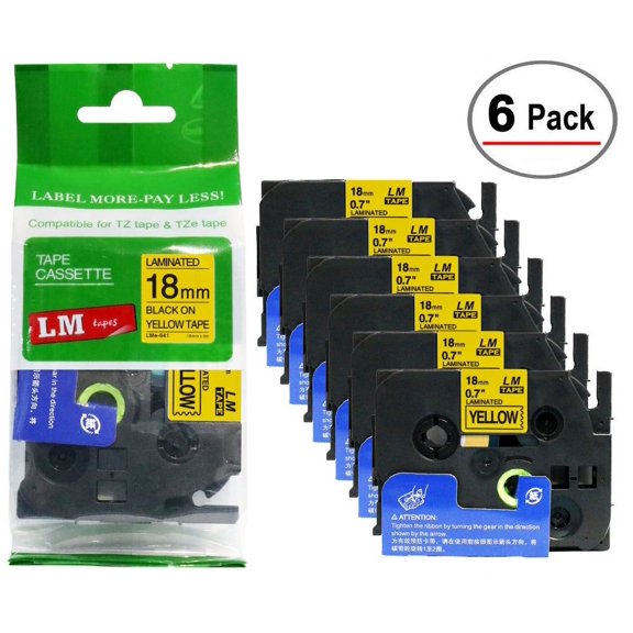 6/Pack LM Tapes - Premium 3/4" Black Print on Yellow Label Compatible with TZe-641 P-touch Tape and comes with a great Tape Color/Size Guide for easy reordering. 18mm 0.7 Laminated