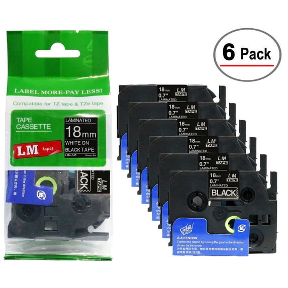 6/Pack LM Tapes - Premium 3/4" White Print on Black Label Compatible with TZe-345 P-touch Tape and comes with a great Tape Color/Size Guide for easy reordering. 18mm 0.7 Laminated