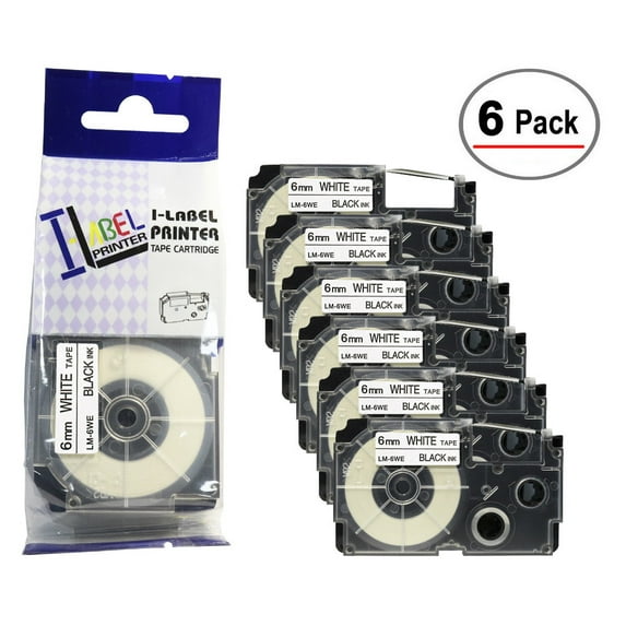 6/Pack LM Tapes Premium Compatible with Casio XR6WE 3/8 In Black on White Tape Cassette
