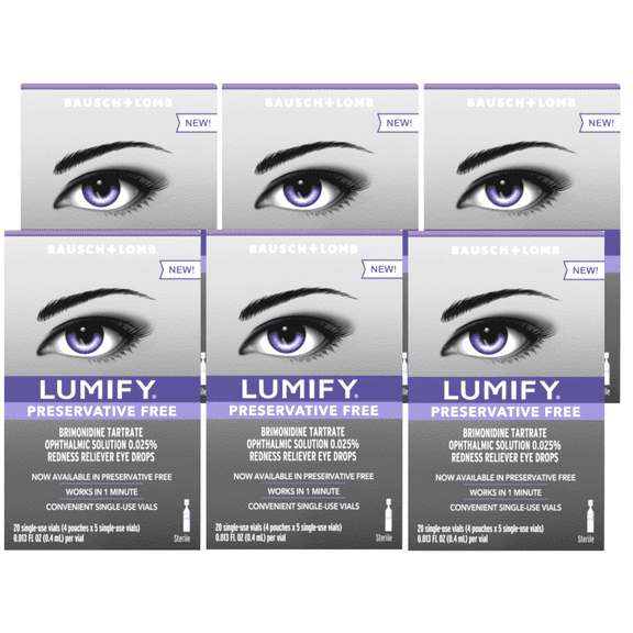 6 Pack - LUMIFY Redness Reliever Preservative Free Eye Drops, Fast Acting 20 Single Use Vials