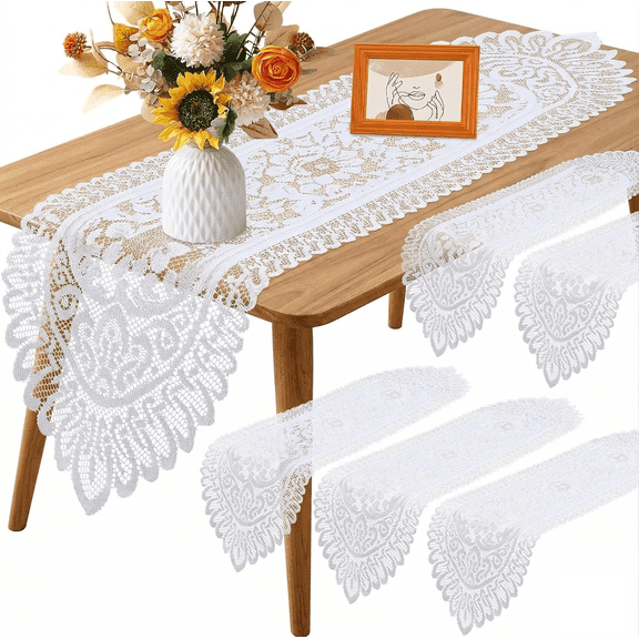 6 Pack Lace Table Runner for Furniture Tables Cotton Rustic Dresser Scarf Doilies for Wedding Party Home Dining Runner Decorations(White,13" X 45")