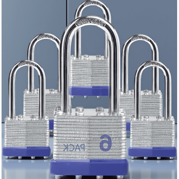 6 Pack Laminated Steel Padlocks, Keyed Alike, Long Shackle, for Outdoor Shed Fence Locker Gate Gym, Includes 12 Keys