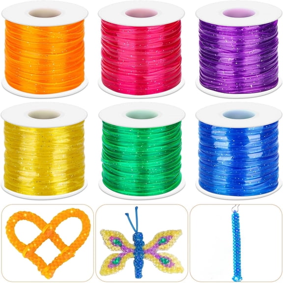 6 Pack Lanyard String Kit, Plastic Lacing Cord Gimp String Lanyard Weaving Kit for Boondoggle, Bracelets, Keychains, Crafts (Glitter)