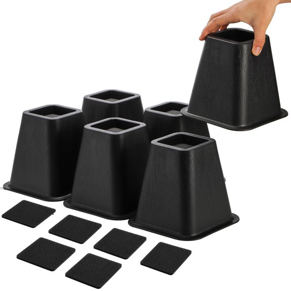 6 Pack Large 6 Inch Heavy Duty Furniture Risers ABS Plastic Black