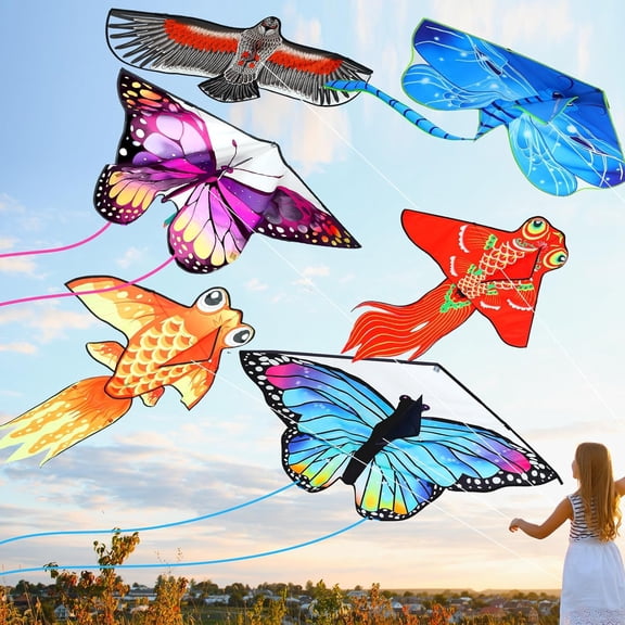 6 Pack Large Butterfly Dragonfly Owl Parrot Eagle Goldfish Kites for Kids and Adults, Easy to Fly Outdoor Beach Games and Activities Gift Set (Cute Style)