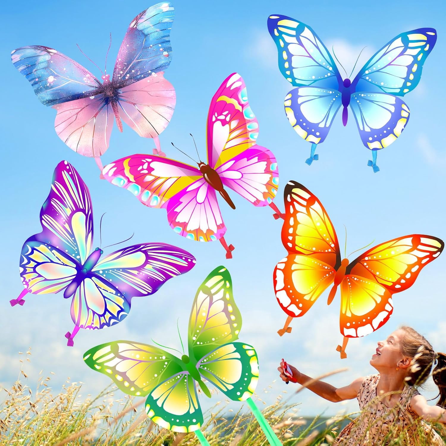 6 Pack Large Butterfly Dragonfly Owl Parrot Eagle Goldfish Kites for Kids and Adults, Easy to Fly Outdoor Beach Games and Activities Gift Set (Cute Style)