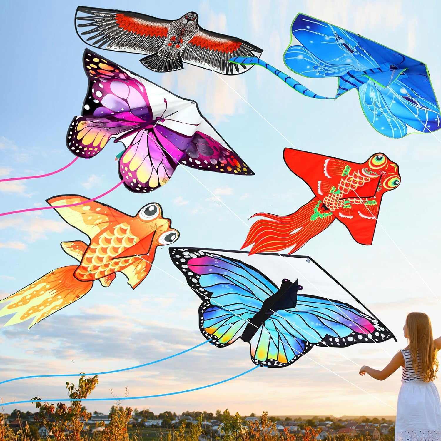 6 Pack Large Butterfly Dragonfly Owl Parrot Eagle Goldfish Kites for Kids Teens Adults Easy to Fly Outdoor Beach Games Gifts