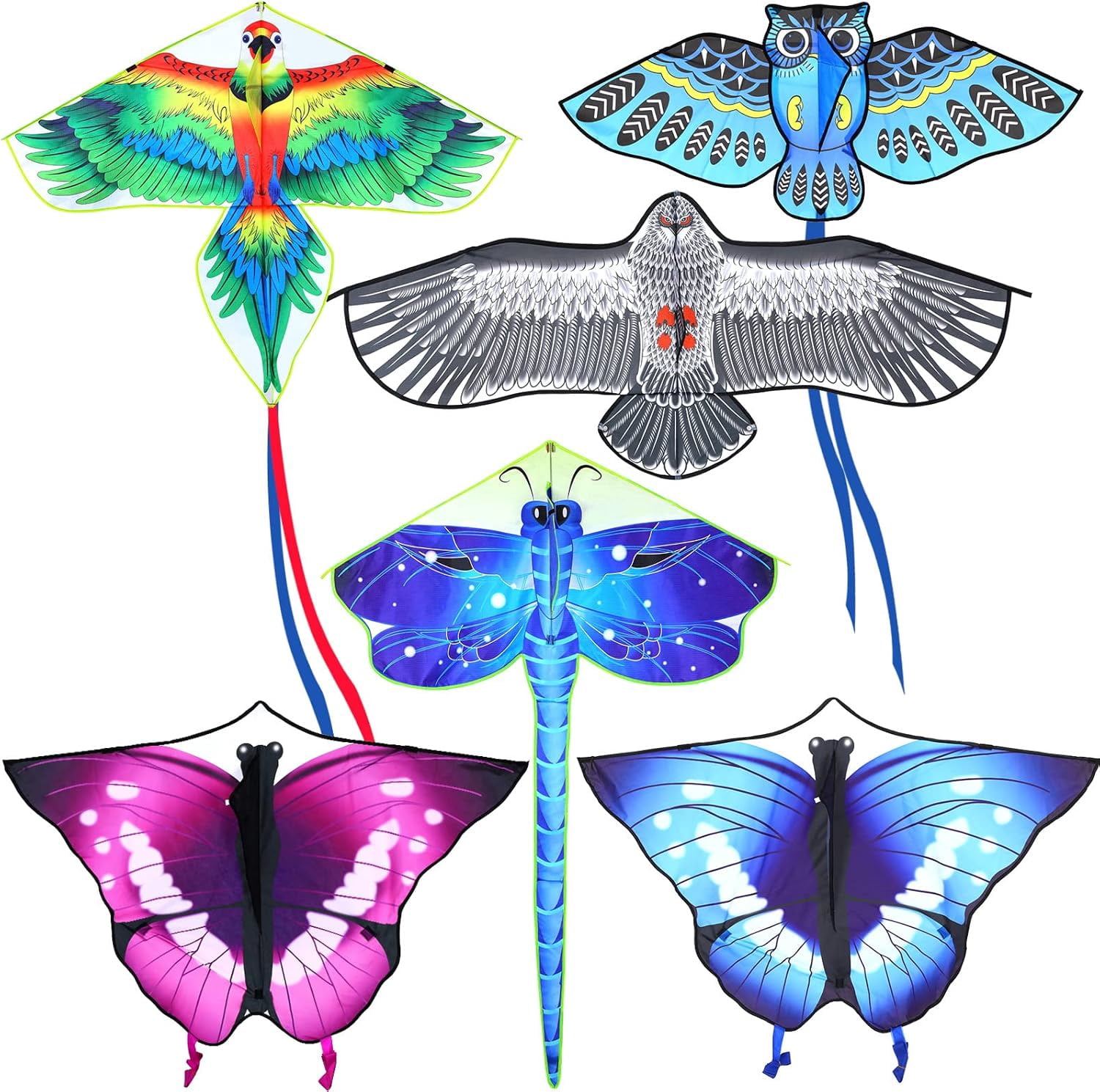 6 Pack Large Butterfly Dragonfly Owl Parrot Eagle Goldfish Kites for Kids Teens Adults Easy to Fly Outdoor Beach Games Gifts