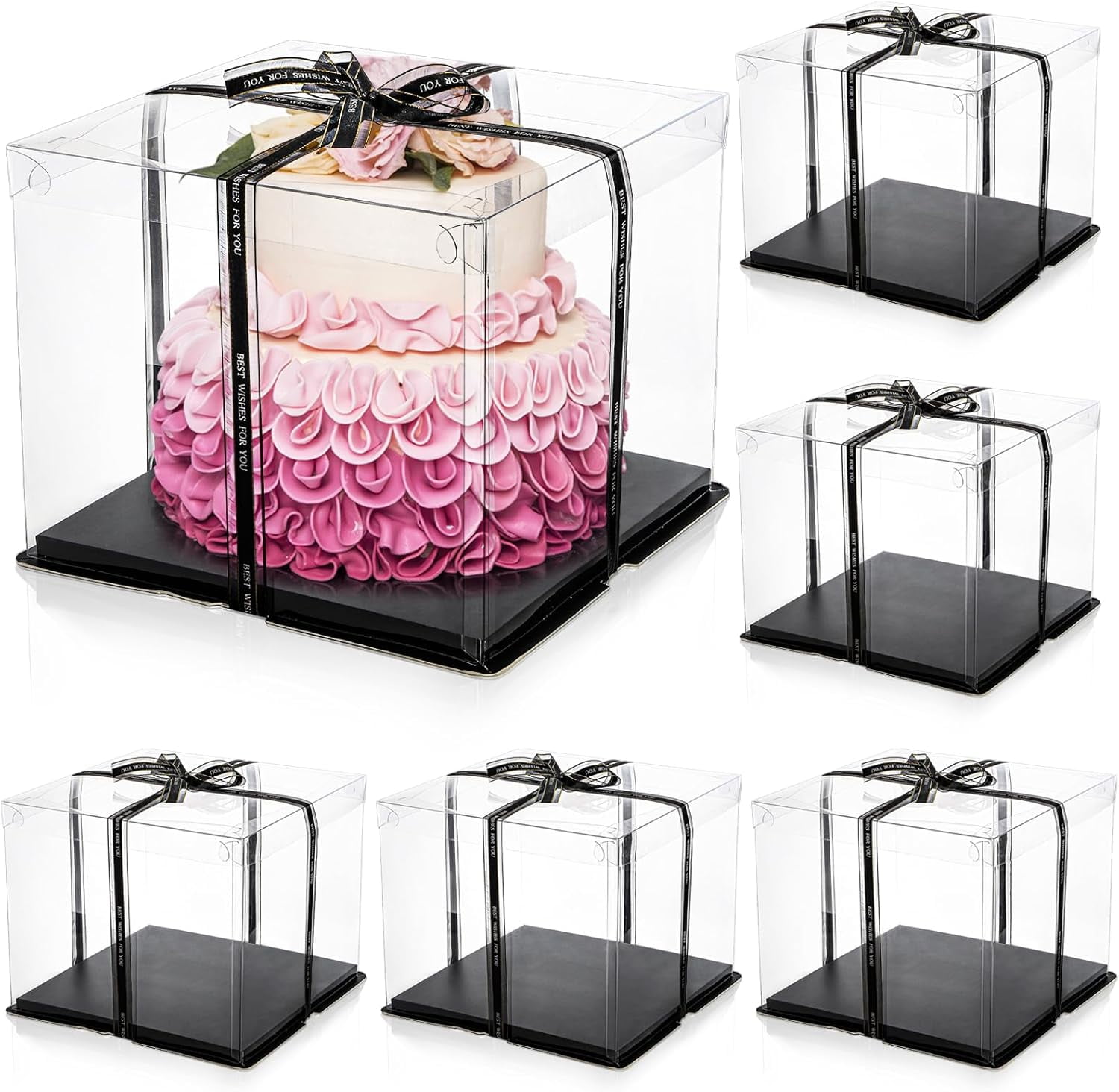 6 Pack Large Clear Cake Box with Ribbon, Tall Cake Box Carrier 12x12x10 ...