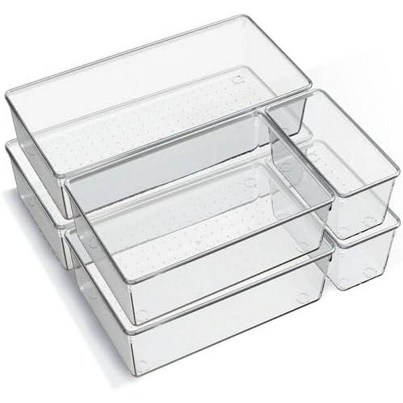 6 Pack Large Clear Plastic Drawer Organizer Trays, Acrylic Kitchen Drawer Organization and Storage Dividers, Non-Slip Storage Bins for Makeup, Kitchen Utensils, Bathroom, Jewelries and Office Desk