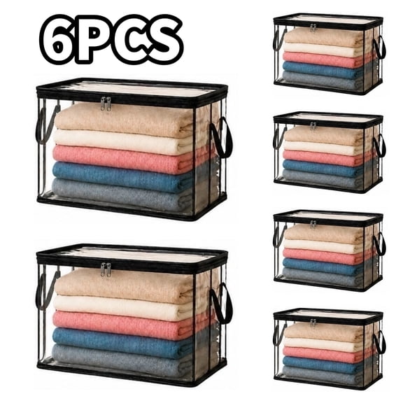 6 Pack Large Clear Thick Plastic Storage Box with Hinged Lid,Large Heavy-Duty Thick Plastic Clear Storage Bag for Clothes, Moving & Storage, PVC Storage Bins with Handles, With Zipper