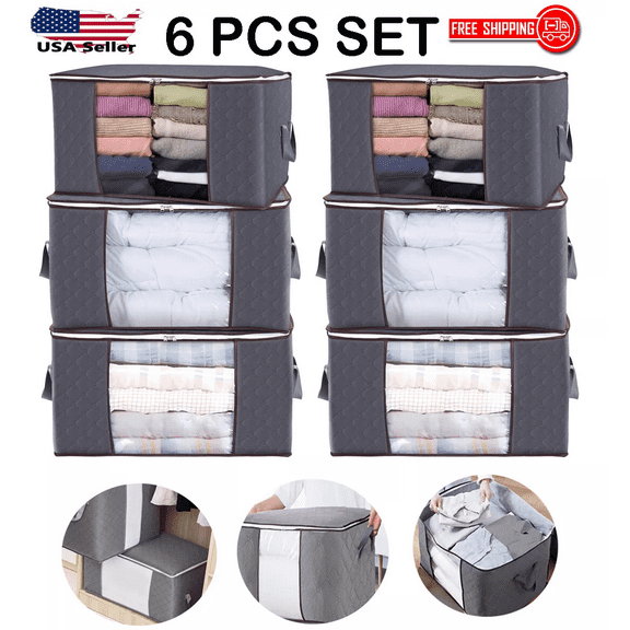 6 Pack Large Clothes Closet Organizer with Sturdy Handle Storage Bags Foldable Storage Box for Comforters Blankets Bedding Grey