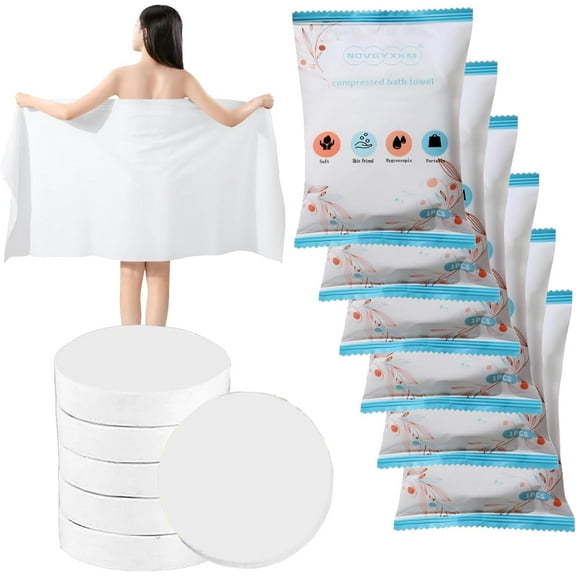 6 Pack Large Compressed Disposable Cotton Bath Towels 56x28 Inch Thick Reusable Portable Towels for Camping Hiking Beach Swimming Travel