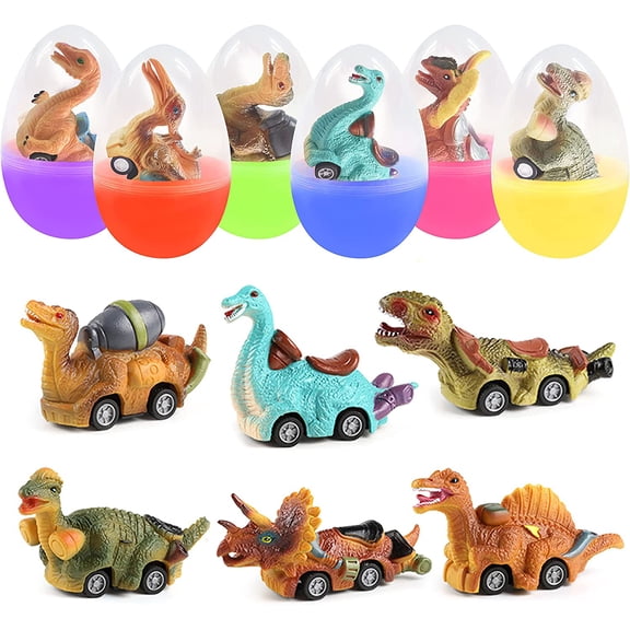 6 Pack Large Easter Eggs with Pull Back Dinosaur Cars Toys Inside for Kids Toddlers Easter Basket Stuffers Easter Party Favors