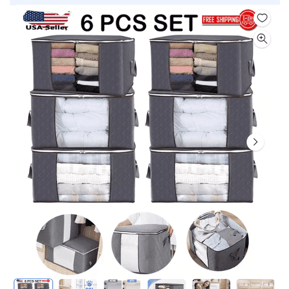 6 Pack Large Foldable Closet Organizer Storage Bags with Sturdy Handles for Comforters Blankets Bedding Grey