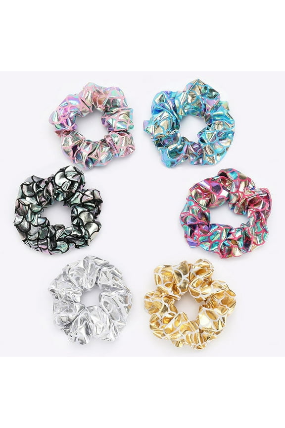 6 Pack Large Gold Metallic Lame Leaf Hair Scrunchies Shiny Hair Bobbles Elastics Ponytail Holders Hair Wrist Ties Bands Scrunchies for Show Gym Dance Party Club Girl Women