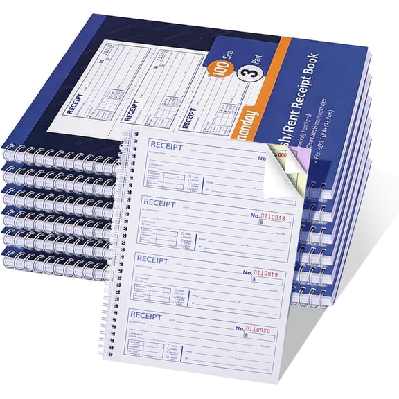 6 Pack Large Money and Rent Receipt Books with Cardboard Insert,7-5/8" x 10-7/8" Spiral Bound,3 Part Carbonless,100 Sets per Book,4 Receipts Per Page for Rent and Cash Transaction