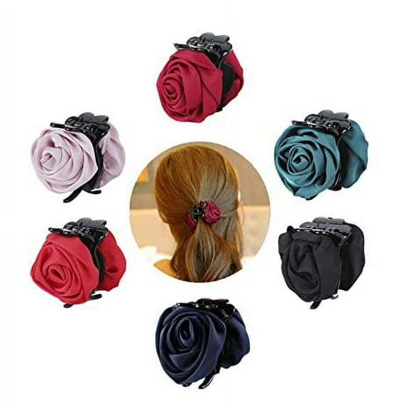 6 Pack Large Navy Black Pink Green Burgundy Red Banana Octopus Korean Ribbon Silk Rose Flower Bows Plastic Hair Claw Ponytail Clips Jaw Barrettes Grips Clamps Combs Buns Accessories for Women Girl