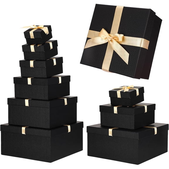 6 Pack Large Nesting Gift Boxes with Lid Ribbon 6 Size Square Gift Wrapping Stacking Boxes for Mother's Day Valentines Birthday Wedding Bridal Party Decorative(Black)