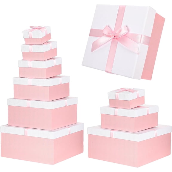 6 Pack Large Nesting Gift Boxes with Lid Ribbon 6 Size Square Gift Wrapping Stacking Boxes for Mother's Day Valentines Birthday Wedding Bridal Party Decorative(Pink)