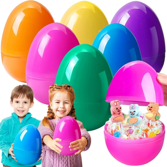 6 Pack Large Plastic Fillable Easter Eggs, 6 Inch Jumbo Size, Upright Stand for Candy Treats, Easter Egg Hunt Basket Stuffers and Party Favors, Bright Colors