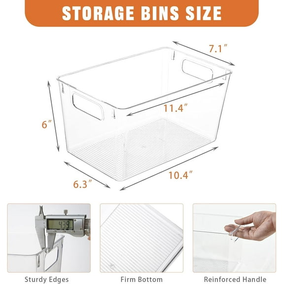 6 Pack Large  Plastic Storage Bins with Handles for Kitchen, Fridge, Cabinet, Pantry & Closet Organization