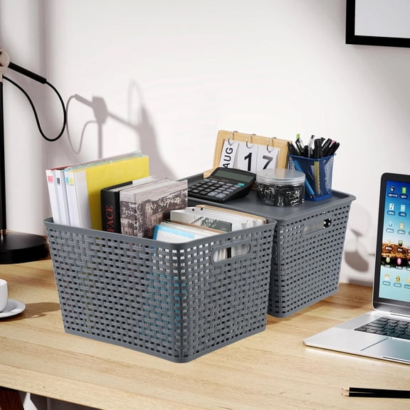 6-Pack Large Plastic Weave Storage Basket with Lid, Grey Storage Bins for Home Organization