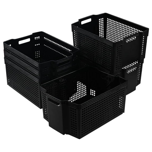 6-Pack Large Storage Basket, Stacking Plastic Rectangle Storage Bin, Black