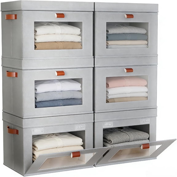 6-Pack Large Storage Bins with Lids,Stackable&Collapsible Closet Storage Bins,Oxford Fabric Organizer Box with Clear Window,Large Decorative Storage Boxes for Closet,Dorm16.5"x11.8"x11"
