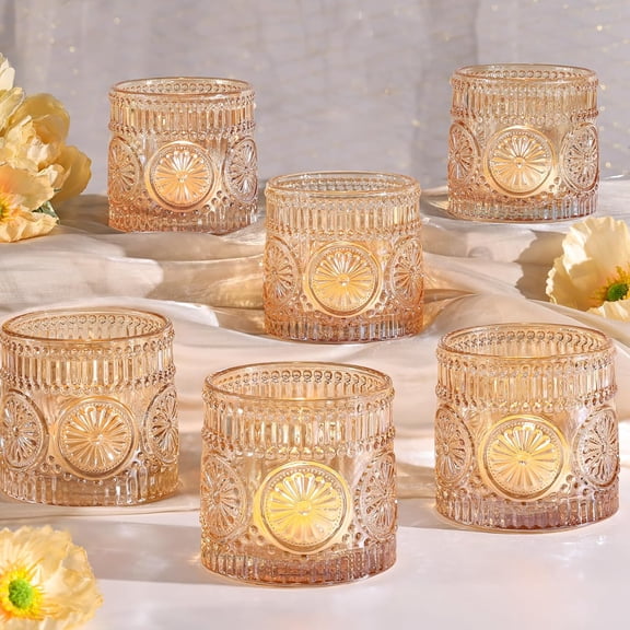 6 Pack Large Votive Candle Holders,Vintage Glass Candle Holder for Floating Candle, Gold Tealight Candle Holder for Table Centerpieces,Bridal Shower,Wedding,Home Party Table Decoration