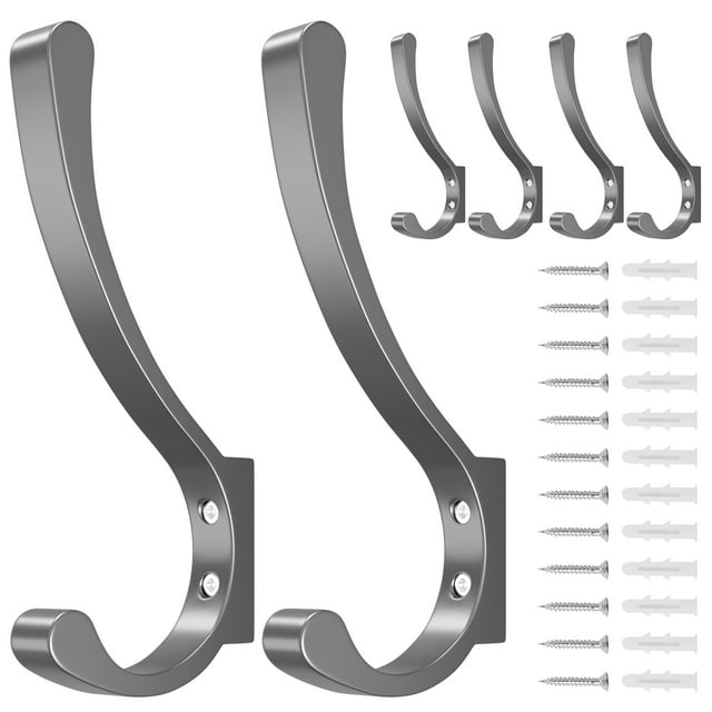 6 Pack Large Wall Hooks For Hanging Heavy Duty, Grey Coat Hooks For Wall, Coat Hanger Hooks Wall