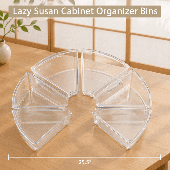6 Pack Lazy Susan Organizer Bins for Cabinet, Fridge, Pantry, Clear Wedge Shape