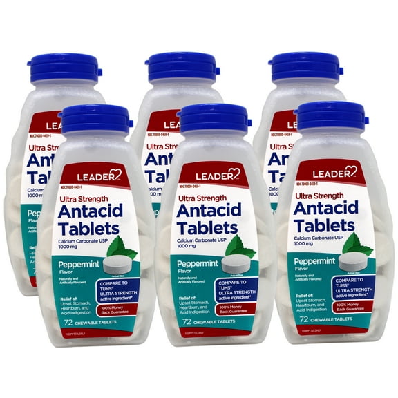 6 Pack - Leader Antacid Ultra Strength Chewable, Fast Heartburn & Indigestion Relief, Acid Reflux, Upset Stomach, Calcium Carbonate 1000mg, Peppermint, 72 Count