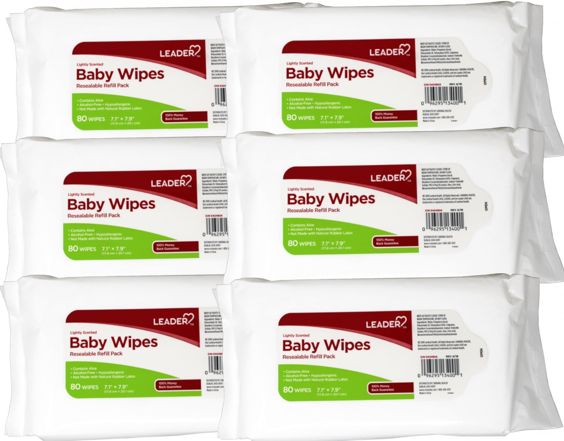 6 Pack - Leader Baby Wipes, Resealable Refill Pack, 7.1” x 7.9” (17.8 cm x 20.1 cm), Lightly Scented, 80 Count