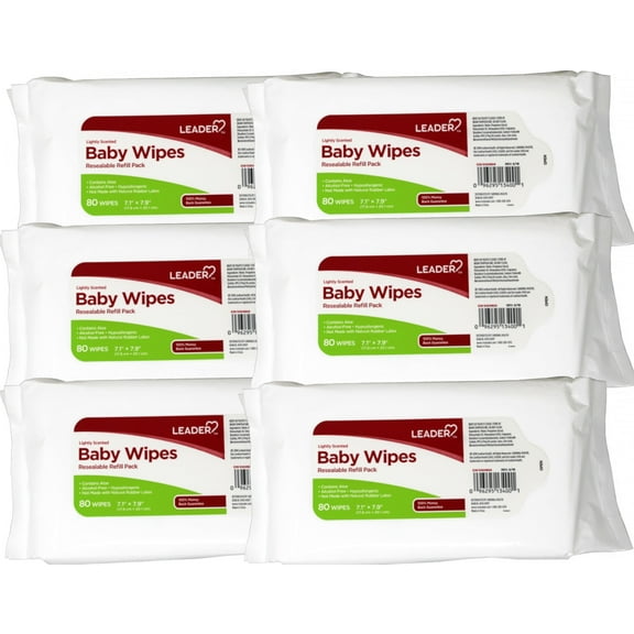 6 Pack - Leader Baby Wipes, Resealable Refill Pack, 7.1 x 7.9 (17.8 cm x 20.1 cm), Lightly Scented, 80 Count