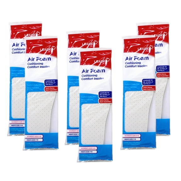 Leader Air Foam Cushioning Comfort Insoles Trim to Fit One Pair Men 7-13 Women 5-10 (Pack of 6)