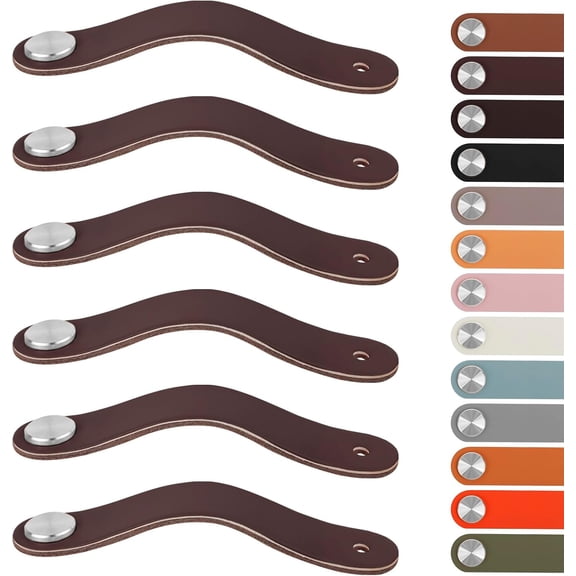 6 Pack Leather Drawer Pulls 0 Inch Cabinet Handles with Screws Dresser Knobs for Cabinets, Drawers, Closet, Kitchen and Bathroom Furniture (Single Hole, Silver + Brown) Brown Hole Center