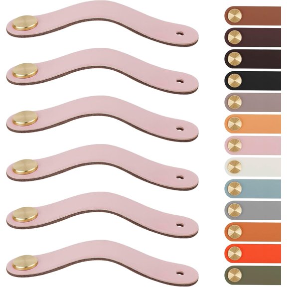 6 Pack Leather Drawer Pulls 0 Inch Cabinet Handles with Screws Faux Dresser Knobs for Cabinets, Drawers, Closet, Kitchen and Bathroom Furniture (Single Hole, Golden + Pink) Pink Hole Center