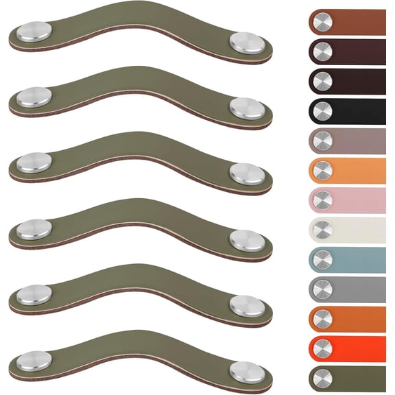 6 Pack Leather Drawer Pulls 5 Inch Cabinet Handles with Screws Dresser Knobs for Cabinets, Drawers, Closet, Kitchen and Bathroom Furniture (5in Hole Center, Silver + Green) Green Center