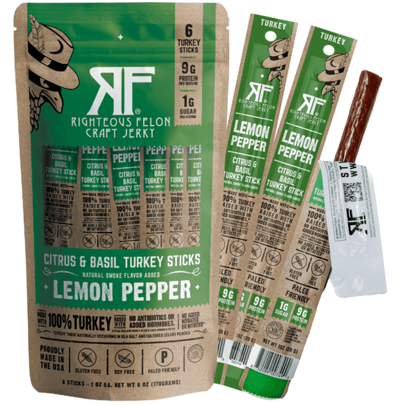 Righteous Felon Meat Sticks - Gluten Free & Keto Turkey Sticks, Protein Snacks, Lemon Pepper, 6 pack
