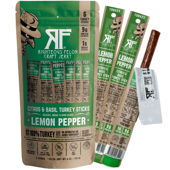 Righteous Felon Meat Sticks - Gluten Free & Keto Turkey Sticks, Protein Snacks, Lemon Pepper, 6 pack