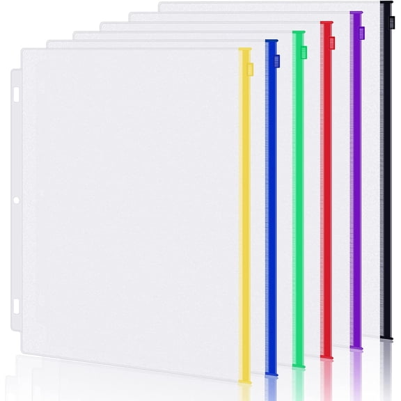 6 Pack Letter Size Binder Pockets for 3 Ring Binder, Multicolor Zipper Pouches Loose Leaf Bags Document Folders, Waterproof PVC Filing Business Office Supplies