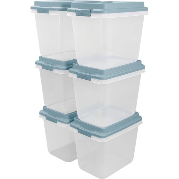 Stackable Storage B 6 Pack Lift Off Storage Bin with Lid, 32 Quart, Smoke Blue for Home ...