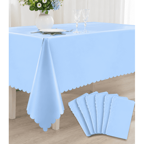 6 Pack Light Blue Scalloped Plastic Tablecloth, 54x108 Inches Disposable Rectangular Table Cover for Parties, Waterproof Spring Table Cover for BBQ, Picnic, Wedding, Baby Shower, Birthday Decor