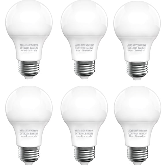 6-Pack Light Bulbs 60 Watt, Daylight White 5000K, A19 E26 LED Bulbs, Non-Dimmable